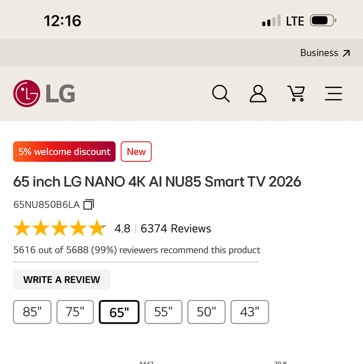 تلویزیونک الجی 65 اینج مدل nu85B