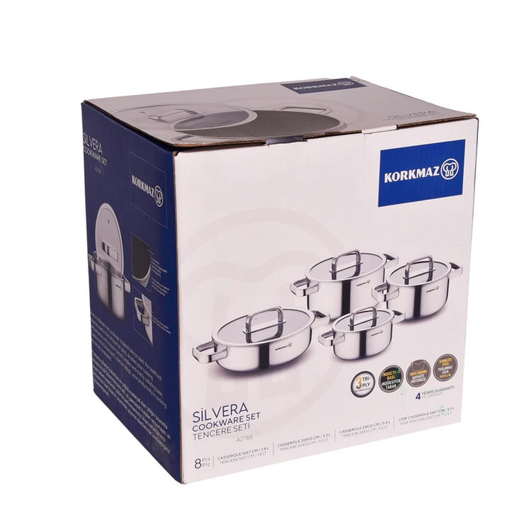 سرویس قابلمه و تابه استیل 8 پارچه کرکماز مدل SILVERA کد 2788